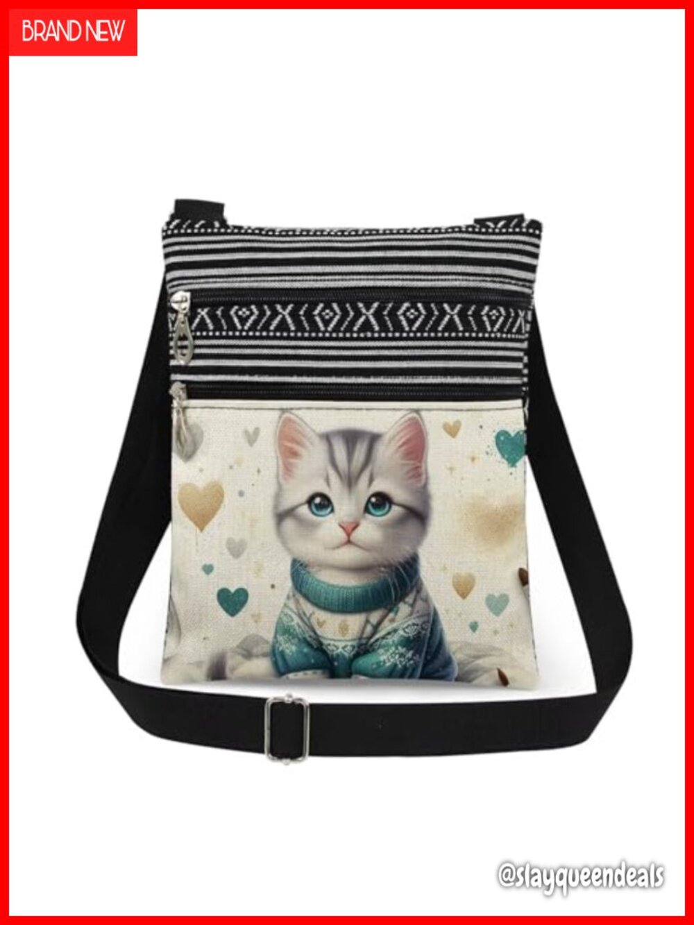 Polyester Cat Crossbody Bag Adjustable Strap Double Zipper Small Purse
